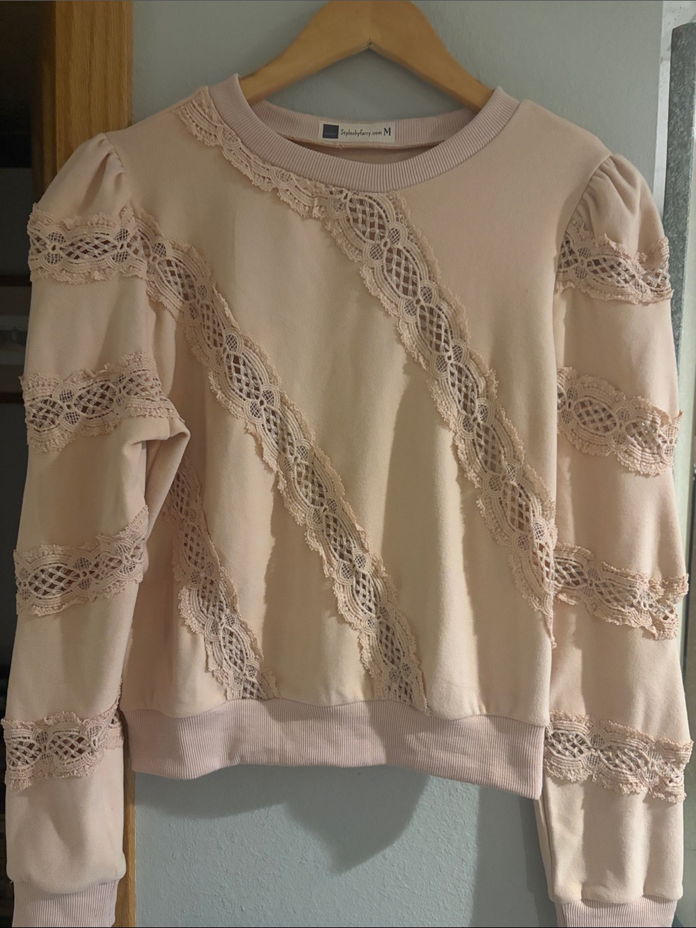 Women's Lace-Trim Crewneck Sweatshirt in Blush - Picture 1 of 4